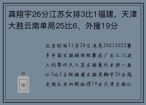 龚翔宇26分江苏女排3比1福建,天津大胜云南单局25比6,外援19分